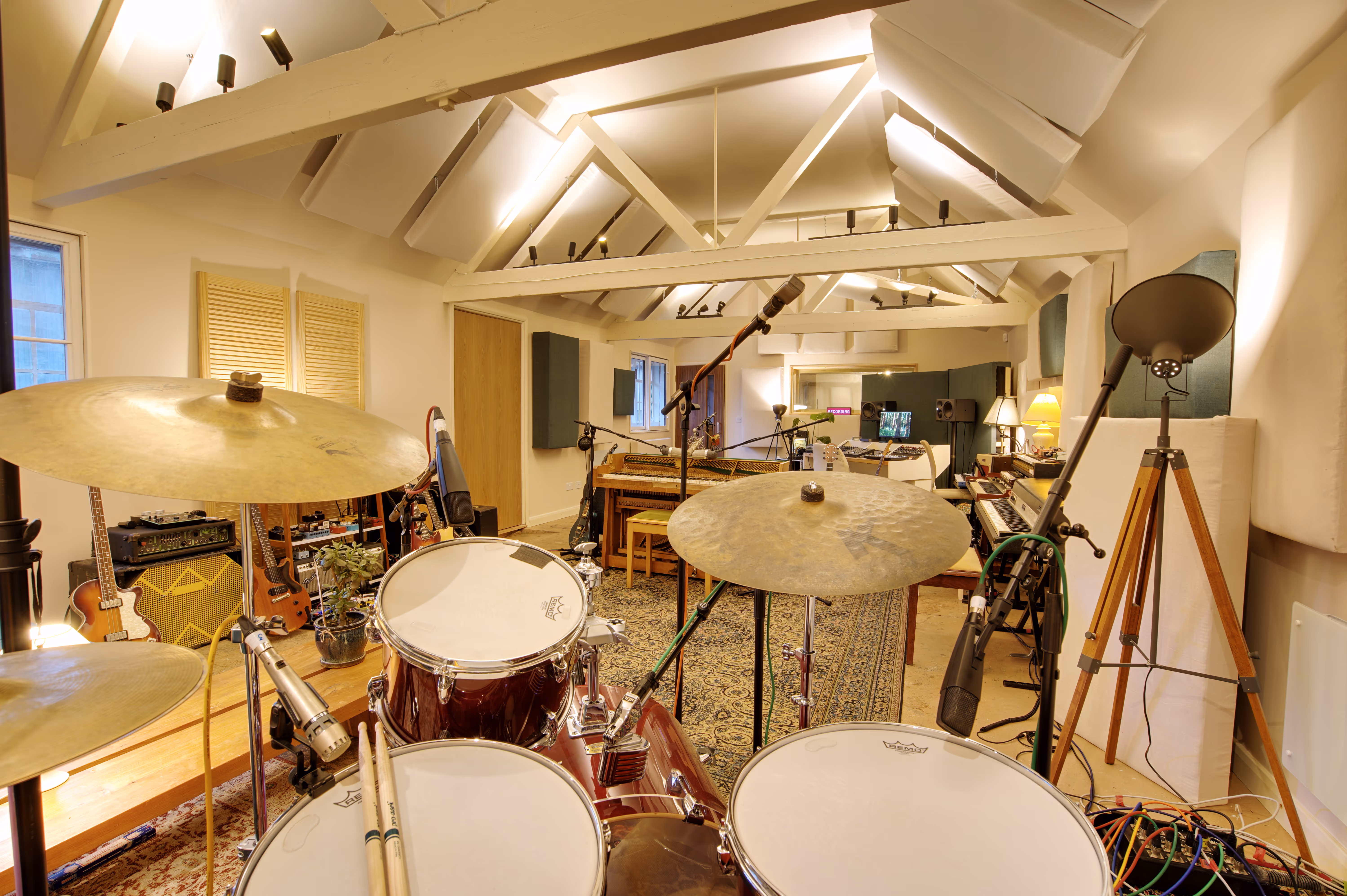 Drum kit close-up, mic'd and ready to record.